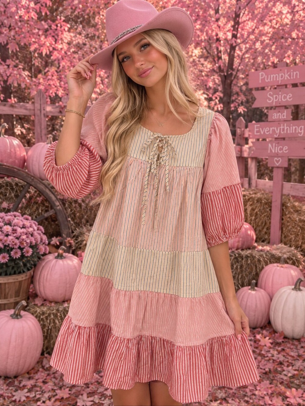 easel Pink and Cream Striped Tiered Mini Dress
